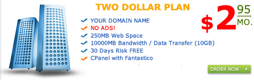 "Two Dollar Plan" 250MB web space 10GB Bandwidth only for $2.95 a month